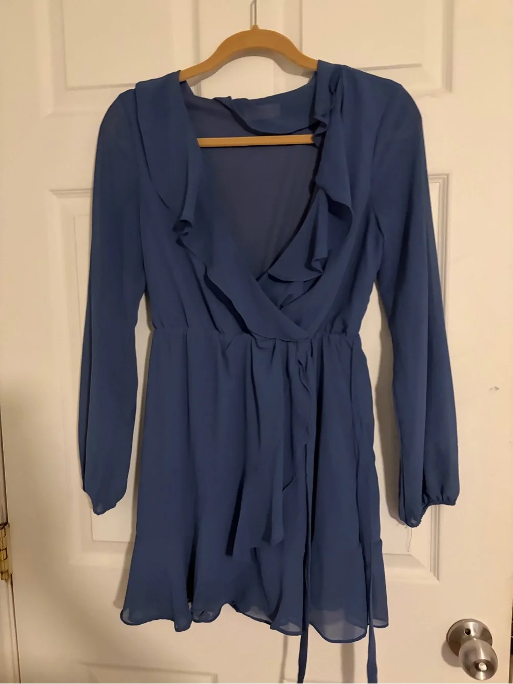 Altar'd State Dusty Blue Ruffle Wrap Mini Dress - Picture 1 of 1